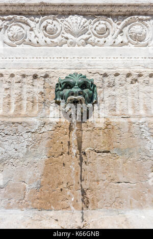 Une tête de lion en bronze détaillée de la fontaine Saint-Jean sur la place Saint-Jean, Lyon, France, soulignant son importance historique et artistique Banque D'Images