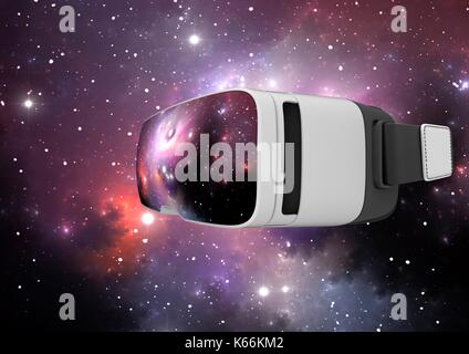 Image conceptuelle d'un casque de réalité virtuelle dans l'enseignement de l'astronomie et de la science. Vue d'un l'espace nébuleuse est visible sur le devant du panneau de verre et à l'arrière-plan. Banque D'Images
