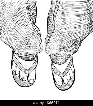 Croquis dessinés à la main, des pieds masculins sur slipper, concept d'été-Vector Illustration Illustration de Vecteur