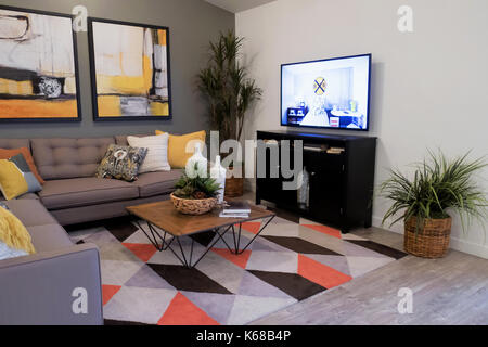 Une table de coupe grey sur un tapis coloré près de un meuble TV et table basse. Banque D'Images