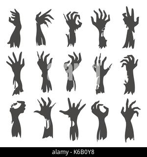 Zombie undead silhouettes main isolé sur fond blanc. dead hands peur scary halloween creepy noire silhouette vector set Illustration de Vecteur