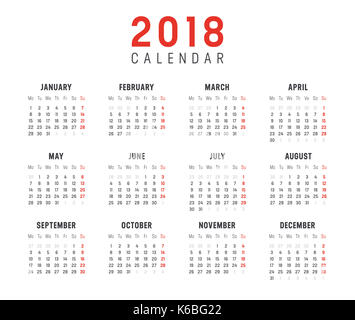 Année 2018 Calendrier minimaliste, sur fond blanc. Modèle vectoriel - semaines commencent le lundi Banque D'Images