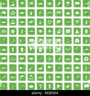 100 animaux exotiques icons set grunge green Illustration de Vecteur