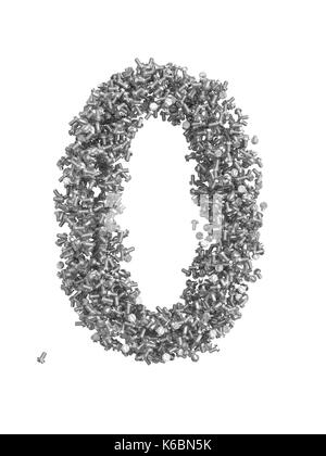 3D render of argenté et gris nombre de boulons. numéro 0 with clipping path. isolé sur fond blanc Banque D'Images