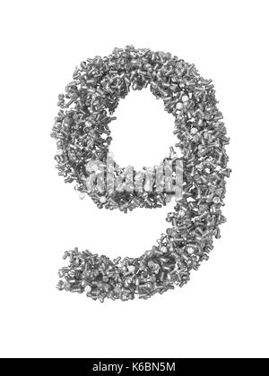 3D render of argenté et gris nombre de boulons. numéro 9 with clipping path. isolé sur fond blanc Banque D'Images