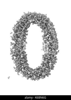 3D render of argenté et gris nombre de boulons. numéro 0 with clipping path. isolé sur fond blanc Banque D'Images