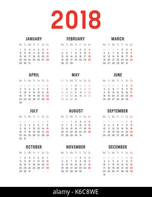 Année 2018 Calendrier minimaliste, sur fond blanc. Modèle vectoriel - semaines commencent le lundi Banque D'Images