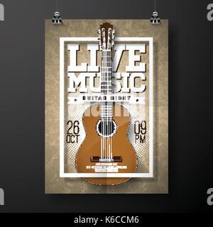 Musique live flyer design avec guitare acoustique sur grunge fond . vector illustration. Illustration de Vecteur