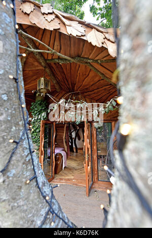 Genève à Sussex, UK. 12 sep, 2017. Une nouvelle maison de l'arbre a été dévoilé au Salon de Genève à camping bois blackberry à Sussex . Le nouveau quartier maison de l'arbre appelé vrac a été construit par Tim Johnson propriétaire du camping et est plus grande que l'original à côté maison de l'arbre appelé pêle . le camping insolite est bien connu pour avoir un bus de Londres et d'un vieux hélicoptères wessex où les gens peuvent aussi séjourner dans un cadre paisible niché juste au nord du parc national des South Downs crédit : Simon dack/Alamy live news Banque D'Images