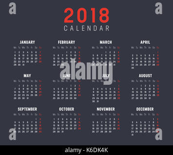 Année 2018 Calendrier minimaliste, sur fond noir. Banque D'Images