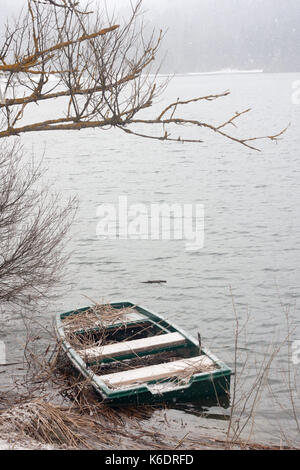 Bateau coulé sur le lac de cerknica en hiver. Banque D'Images