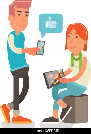 La génération y, millennial fille créative de travailler sur une tablette graphique et son ami aimer l'œuvre dans les médias sociaux en ligne. Illustration de Vecteur