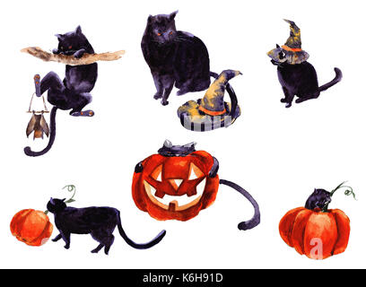 Jeu de chat cartoon collection avec différentes actions, halloween Banque D'Images