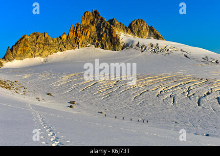 Groupe d'alpinistes dans le soleil du matin sur le plateau du trient glacier sous les pics d'aiguilles du tour, Valais, Suisse Banque D'Images