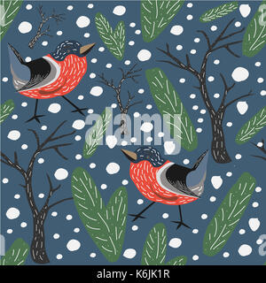 Oiseau rouge motif transparent. fond bleu avec d'épinettes, de sapins et arbres. bouvreuil. modèle sans couture hiver. Epicéa, sapins.vector illustration. wint Banque D'Images