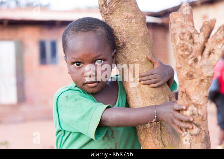 Un petit enfant noir accroché à un tronc d'arbre. Banque D'Images