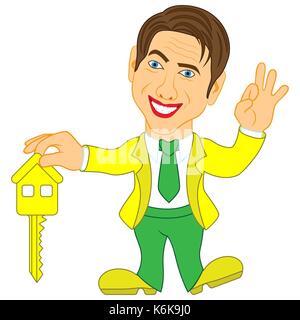 Les hommes mûrs joyeuse en costume bleu et vert est titulaire d'une clé de chambre, conceptuel cartoon vector illustration Illustration de Vecteur