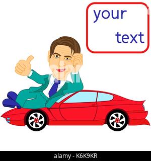 Homme heureux dans un costume bleu turquoise posé sur une voiture rouge, conceptuel cartoon vector illustration Illustration de Vecteur