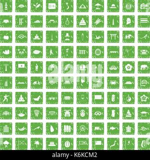 100 icons set asiatique grunge green Illustration de Vecteur