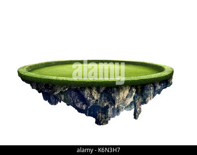 Île étonnante avec arbre rouge flottant dans l'air sous les nuages et Sun Ray Banque D'Images