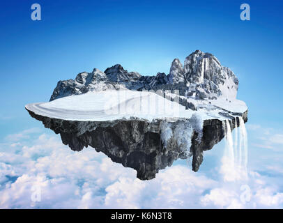 L'île d'hiver incroyable avec grove flottant dans l'air avec chute d'eau et de la neige Banque D'Images