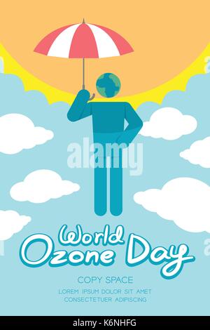 Journée mondiale de l'ozone 16 septembre bannière verticale définie, le réchauffement de la terre l'icône pictogramme homme concept parapluie avec protection, soleil, ciel et nuages illustr Illustration de Vecteur