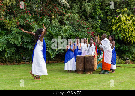 Danseuses rwandais rwandaise traditionnelle Intore danse avec le batteur en arrière-plan Banque D'Images