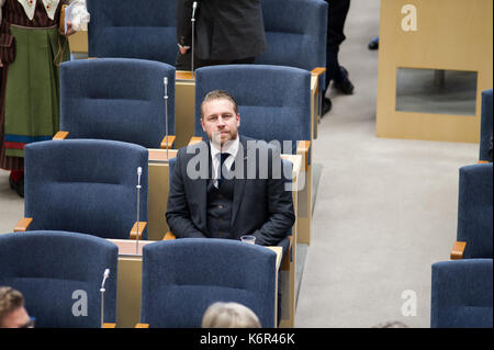 Stockholm, Suède, le 12 septembre, 2017. ouverture de la session du Riksdag. cérémonie dans la chambre à l'ouverture de la session du Riksdag.chef de groupe mattias karlsson, les démocrates suédois (sd) : crédit : barbro bergfeldt/Alamy live news Banque D'Images