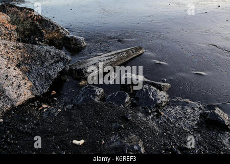 Salamina Island, Grèce. 14Th sep 2017. photo prise sur sept. 12, 2017 montre la zone polluée sur la plage de l'île de Salamine, la Grèce après le naufrage d'un petit pétrolier. autorités grecques ont été une course contre la montre le mercredi pour nettoyer un déversement de pétrole dans le golfe de saros causé par un petit pétrolier qui a coulé au large de l'île de Salamine le dimanche.credit : partsalis lefteris/Xinhua/Alamy live news Banque D'Images