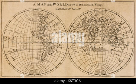 'Une carte du monde sur laquelle est délimitée sur le Voyage de Robinson Crusoé' carte dépliante du frontispice de la "plus loin les aventures de Robinson Crusoé, étant la deuxième et dernière partie de sa vie, et de l'étrange étonnant Comptes de ses voyages autour des trois parties du monde" de Daniel Defoe (1660-1731) publié en 1719, la même année que son énorme succès préquel. Voir plus d'informations ci-dessous. Banque D'Images