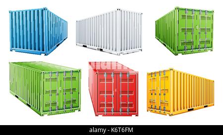 Conteneur d'expédition 3d vector set. bleu, rouge, vert, blanc, jaune contenant d'expédition de fret. concept. logistique, transport. isolé sur fond blanc illustration Illustration de Vecteur