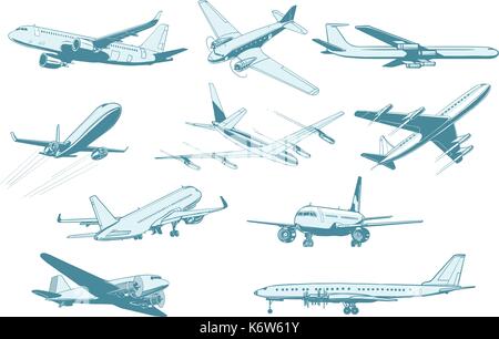 Transport aérien avions set isoler sur fond blanc Illustration de Vecteur