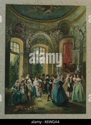 La danse baroque - Bal à Schlosse, Potsdam, Allemagne. Frédéric le Grand Cour de musiciens qui jouent sur un balcon. Illustration par Lancret. Banque D'Images