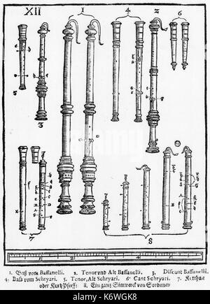 XII à partir de la plaque du Praetorius 'Syntagma Musicum' montrant 1-3 Rosina (début hautbois) ; 4-6 ; Schryari Kurtoholt Kurzpfeiff 7/(sordun avec reed cap) ; 8 Sordun. Datant de 1619. 16e siècle 17e siècle, la Renaissance du début du Baroque. Praetorius : compositeur et musicologue allemand de la musique sacrée et profance, 18 février 1571 - 15 février 1621. Banque D'Images