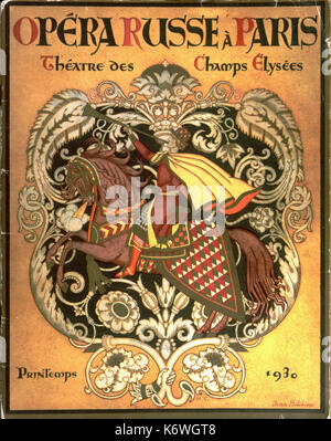 PARIS - 1930 - Programme d'opéra russe Russe de l'Opéra au Théâtre des Champs Élysées, printemps 1930. Homme à cheval à jouer de la trompette. Design russe typique. Ballets Russes . Ballets Russes, les Ballets Russes. Design by Bilibin I.Y. Bilibine (16 août 1876- 17 février 1942). Banque D'Images