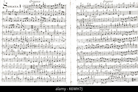 CORELLI, Arcangelo. Opus 1. Sonate 1 Deux page de partition imprimée d'organ/basse illustrant basse continue. Violoniste et compositeur italien 1653-1713 Banque D'Images