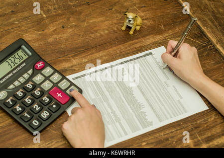La femme sur la table d'écriture et le calcul avec calculatrice. table avec texture bois rustique et l'objet de bulldog Anglais. Banque D'Images