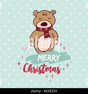 Joyeux Noël à la main bébé ours carte de souhaits. illustration cartoon animal mignon avec foulard et de typographie manuscrite. devis vecteur eps10 Illustration de Vecteur