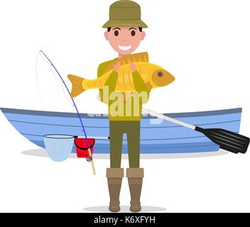 Vector cartoon homme fisherman holding big fish Illustration de Vecteur