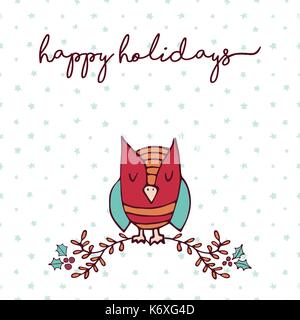 Joyeux noël oiseau dessiné à la main carte de vœux. cute cartoon owl endormi avec la nature et décoration maison de typographie devis. eps10 vector. Illustration de Vecteur