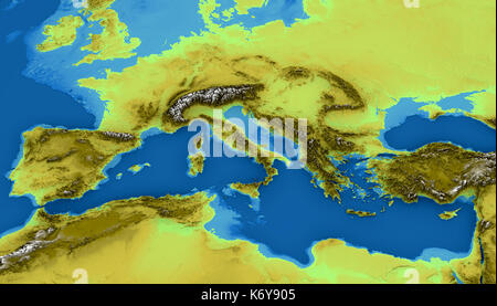Carte de la mer Méditerranée et l'Europe, la carte des hauteurs, en bas la mer, l'Afrique et Moyen-Orient, rendu 3D carte physique. Banque D'Images