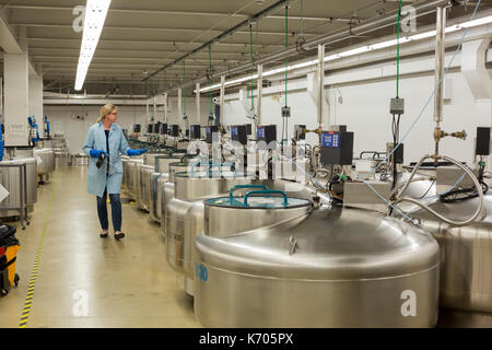 Fort Collins, Colorado - Amy gurza, un technicien des sciences biologiques, passe devant des chars de l'azote liquide que stocker les semences, le sperme, et autre germoplasme Banque D'Images