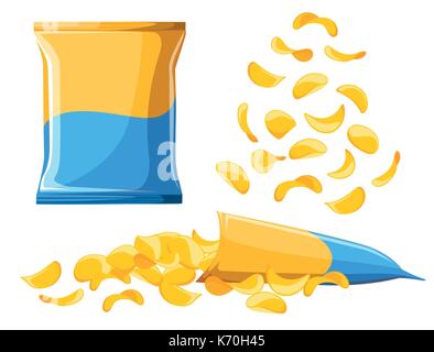 Croustilles de pommes de terre frites collection Vector illustration illustration d'aliments malsains prêt pour plaquettes pack package sac design plat fond panier Frais Style Illustration de Vecteur