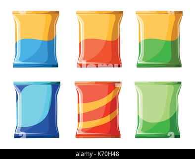 Croustilles de pommes de terre frites collection vector illustration illustration d'aliments malsains prêt pour plaquettes pack package sac design plat fond panier frais style Illustration de Vecteur