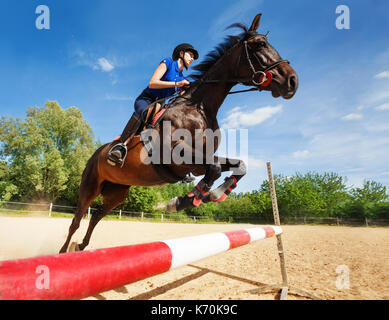 Close-up of Horse Rider avec les femmes sautant par-dessus un obstacle Banque D'Images