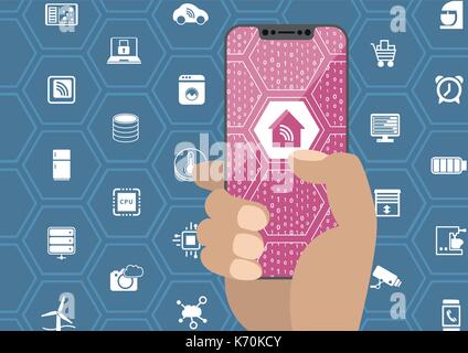 Smart home concept d'automatisation avec lunette hand holding smartphone libre. Les symboles et l'affichage sans cadre comme illustration vectorielle. Illustration de Vecteur