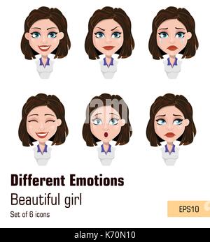 Femme d'affaires avec différentes expressions de visage. Jeune fille attirante avec diverses émotions. Cute cartoon femme. Ensemble de six illustrations vectorielles. Illustration de Vecteur