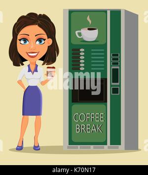 Business Woman standing avec tasse de café près de distributeur automatique de café. Businesswoman having a reste tout en pause café. Personnage. Vector Illustration de Vecteur