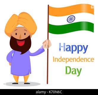 Date de l'indépendance de l'Inde. Carte de souhaits avec drôle de personnage. Homme barbu indien dans un turban tenant drapeau national. Vector illustration Illustration de Vecteur