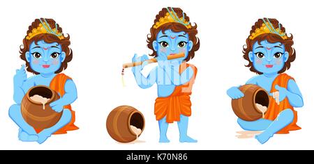 Happy Janmashtami. La célébration de la naissance de Krishna. Garçon avec flûte et un pot. Fête traditionnelle indienne. Vector illustration sur fond abstrait. Set Illustration de Vecteur